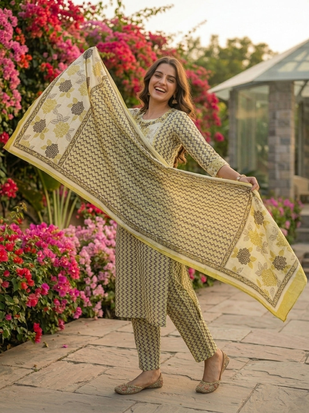 Lehariya Printed & Embroidered Straight Kurta with Pant & Dupatta - Cream