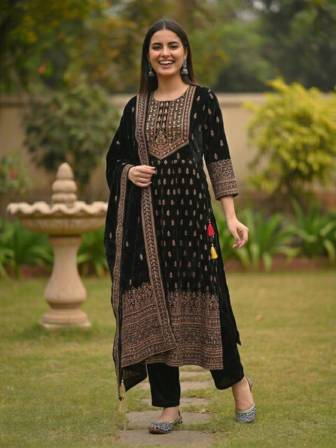 Festive Floral Foil Printed Embroidered Velvet Anarkali Kurta Set - Black