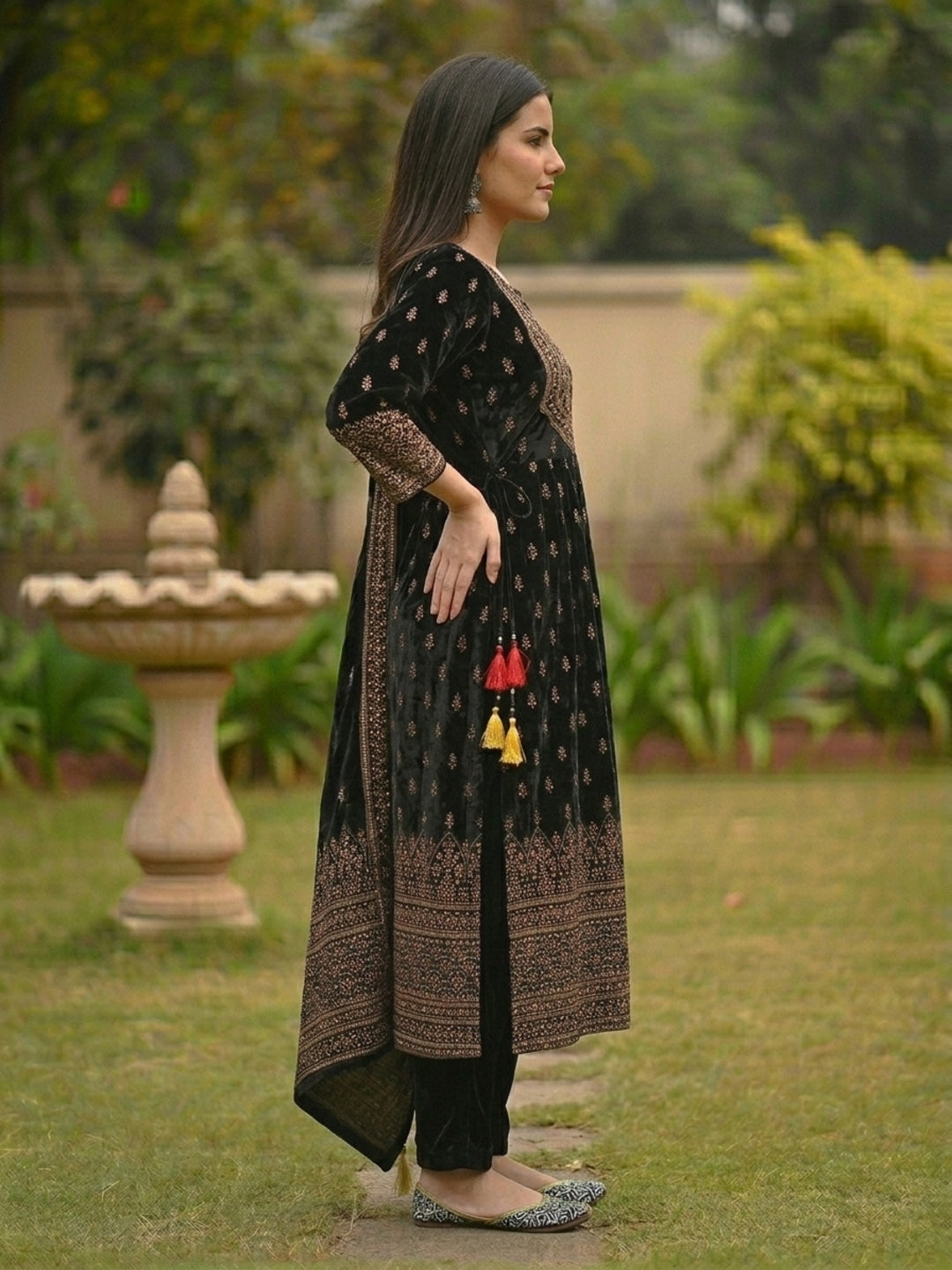 Festive Floral Foil Printed Embroidered Velvet Anarkali Kurta Set - Black