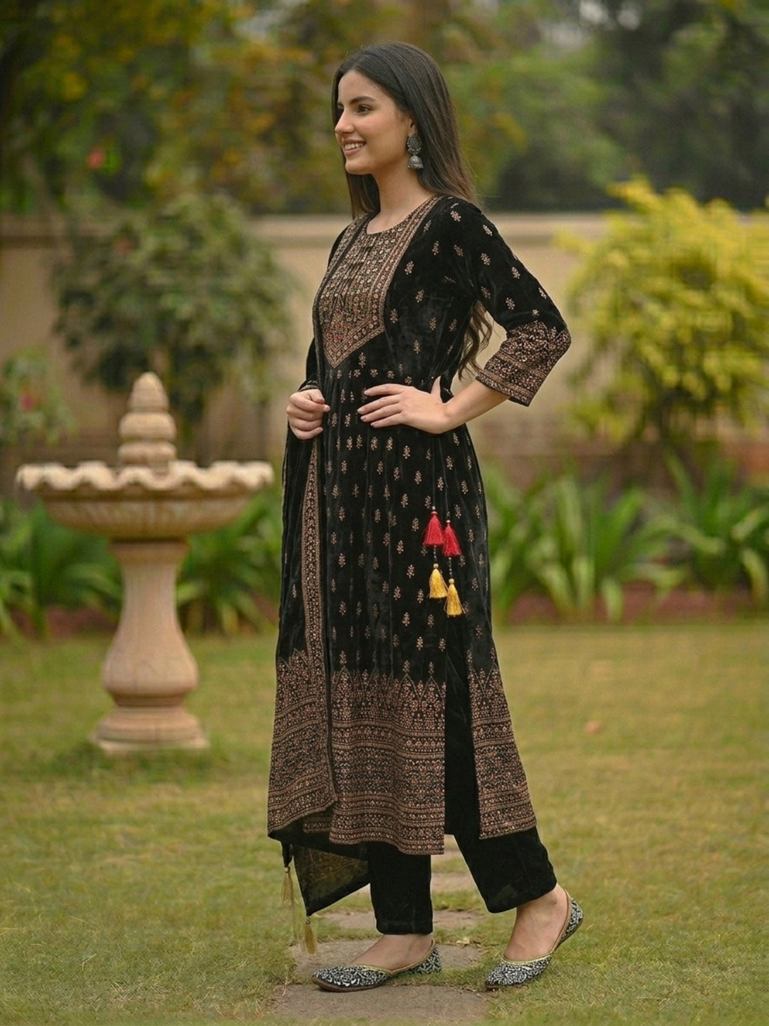 Festive Floral Foil Printed Embroidered Velvet Anarkali Kurta Set - Black