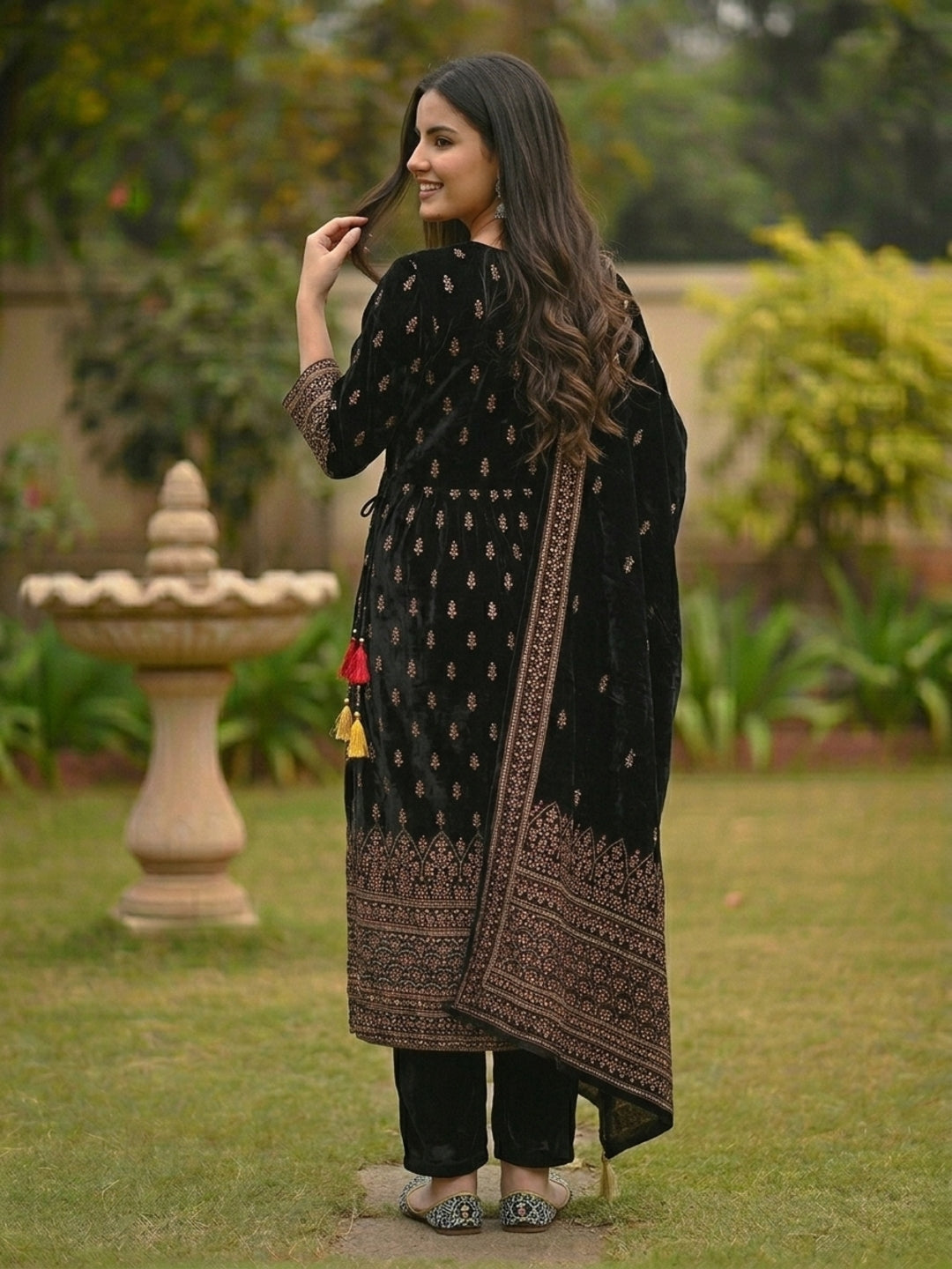 Festive Floral Foil Printed Embroidered Velvet Anarkali Kurta Set - Black