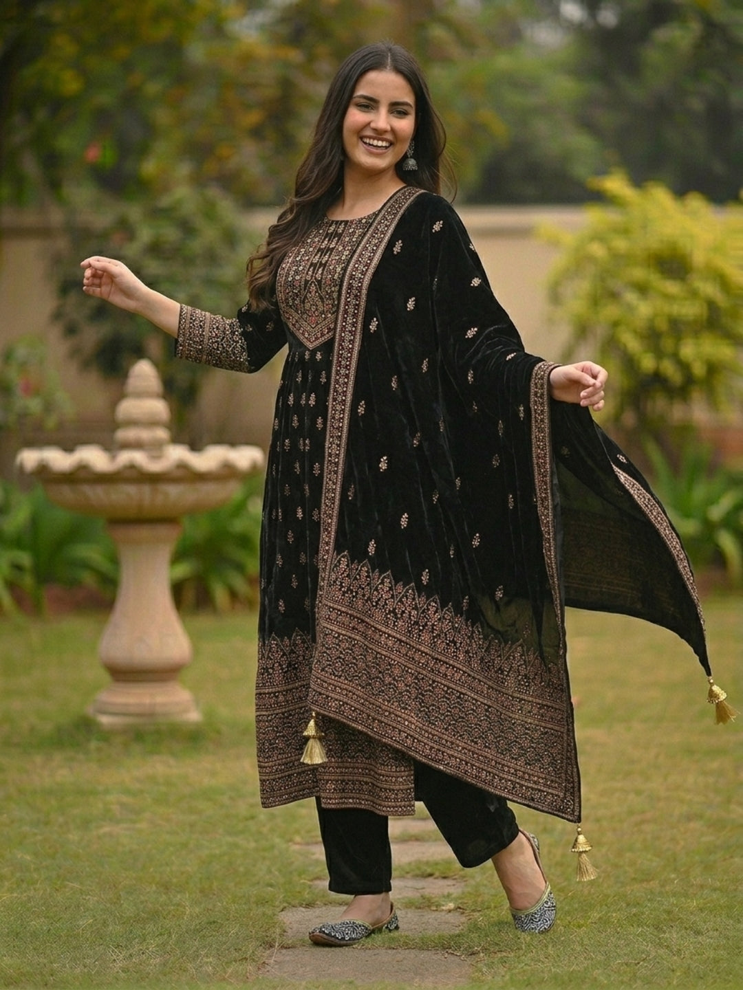 Festive Floral Foil Printed Embroidered Velvet Anarkali Kurta Set - Black