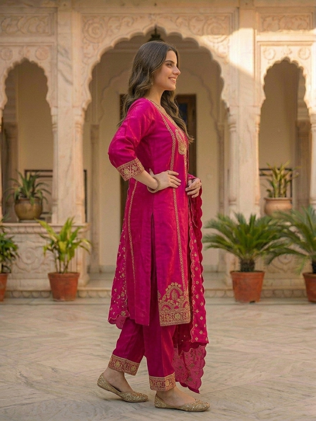 Solid Gota Patti Work A-Line Velvet Kurta with Palazzo & Dupatta - Magenta