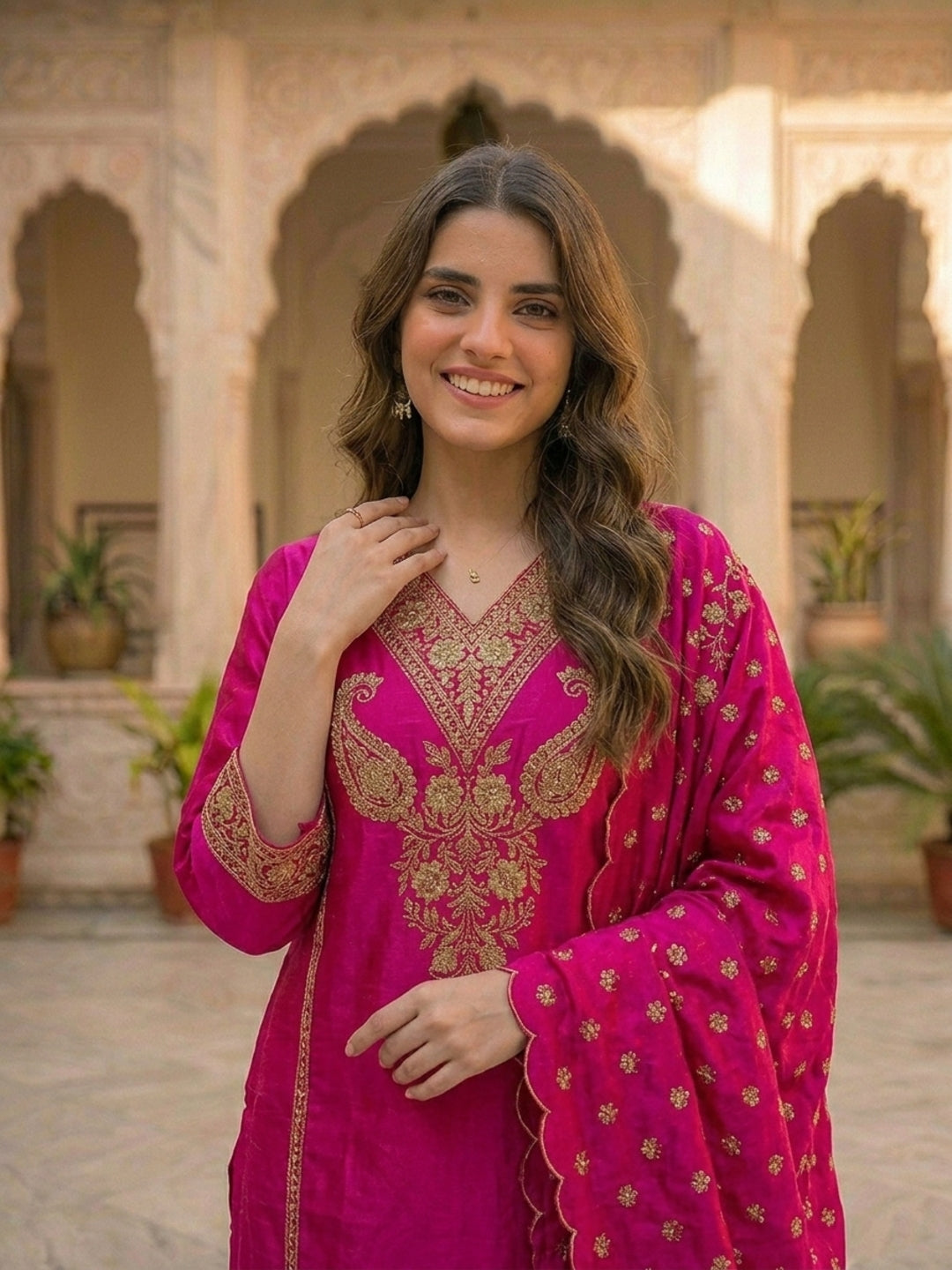 Solid Gota Patti Work A-Line Velvet Kurta with Palazzo & Dupatta - Magenta