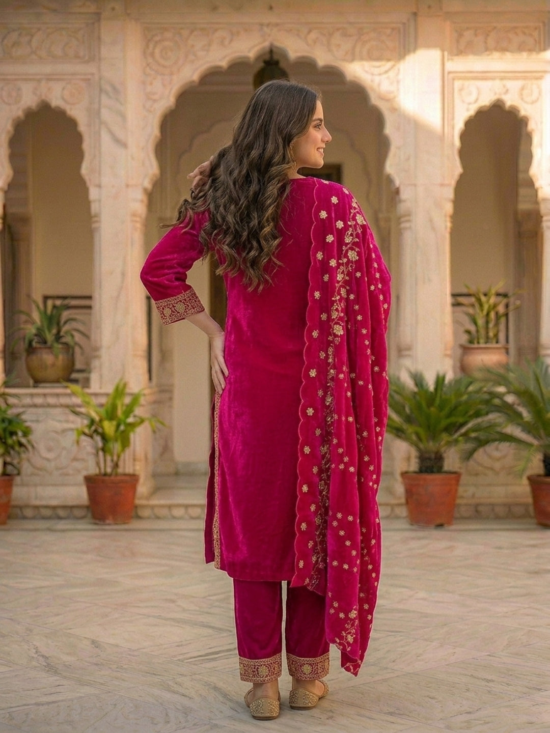 Solid Gota Patti Work A-Line Velvet Kurta with Palazzo & Dupatta - Magenta