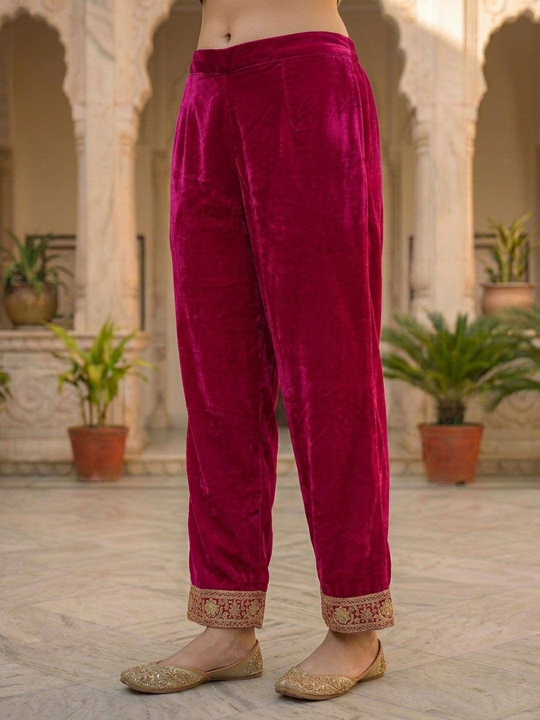 Solid Gota Patti Work A-Line Velvet Kurta with Palazzo & Dupatta - Magenta