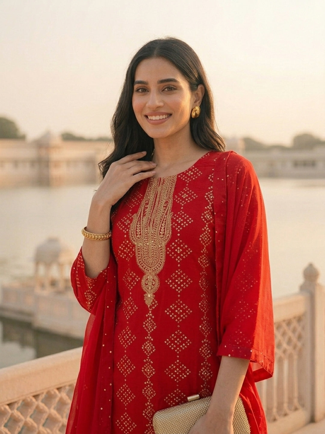 Bandhani Printed & Sequin Embroidered Straight Kurta with Pant & Dupatta - Red