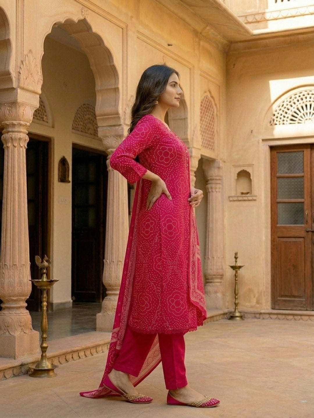 Bandhani Printed A-Line Pleated Kurta with Pant & Dupatta - Rani