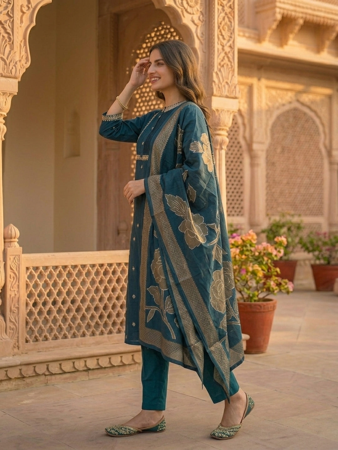 Solid Ethnic Embroidered Straight Kurta with Pant & Dupatta - Teal Blue