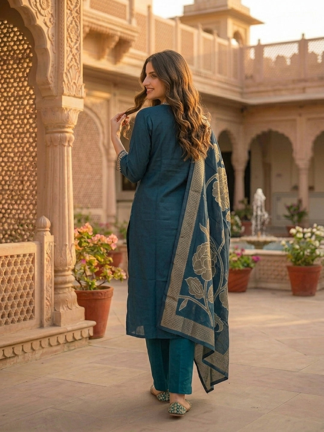 Solid Ethnic Embroidered Straight Kurta with Pant & Dupatta - Teal Blue