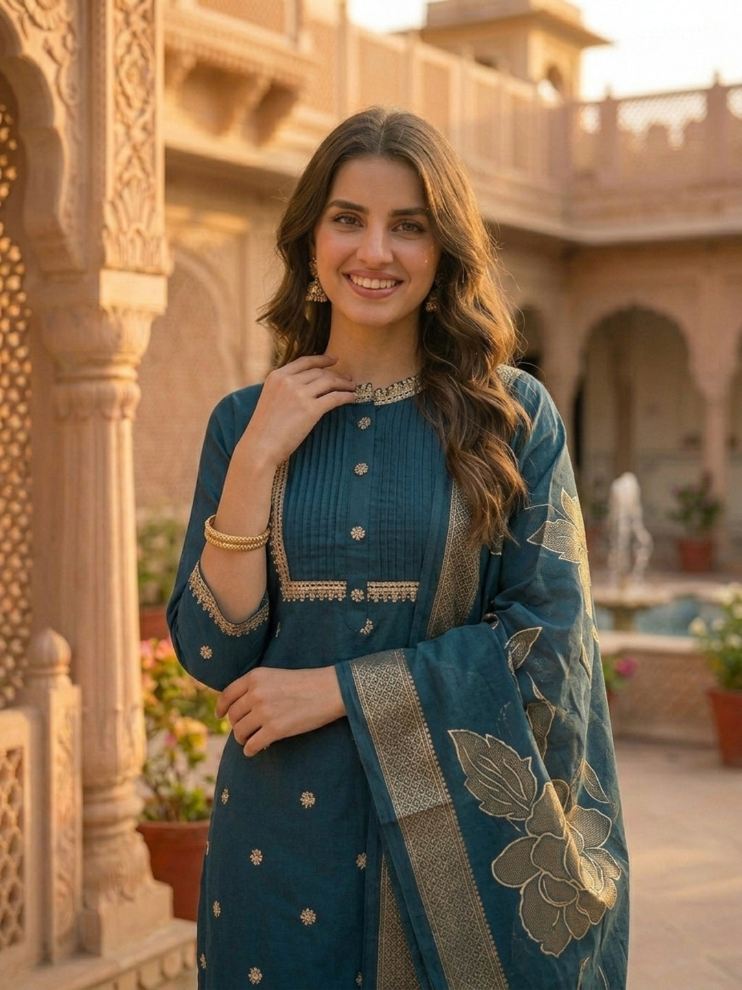 Solid Ethnic Embroidered Straight Kurta with Pant & Dupatta - Teal Blue