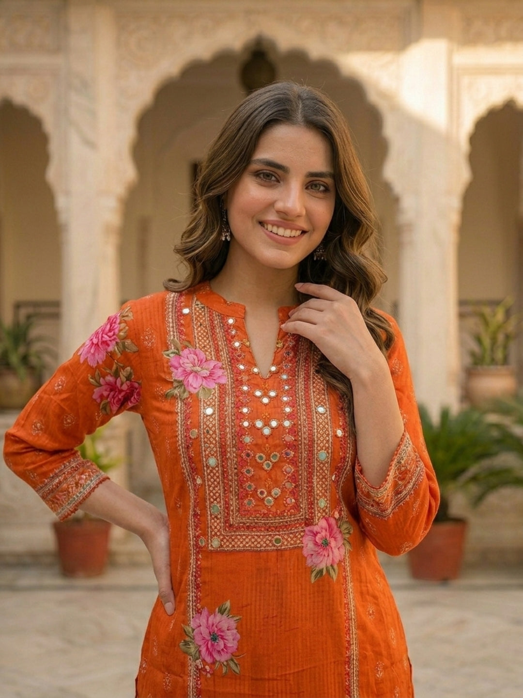 Ethnic Printed & Embroidered Straight Kurta with Pant & Dupatta - Rust