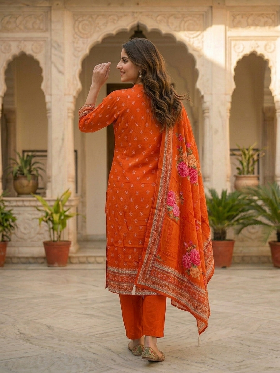 Ethnic Printed & Embroidered Straight Kurta with Pant & Dupatta - Rust