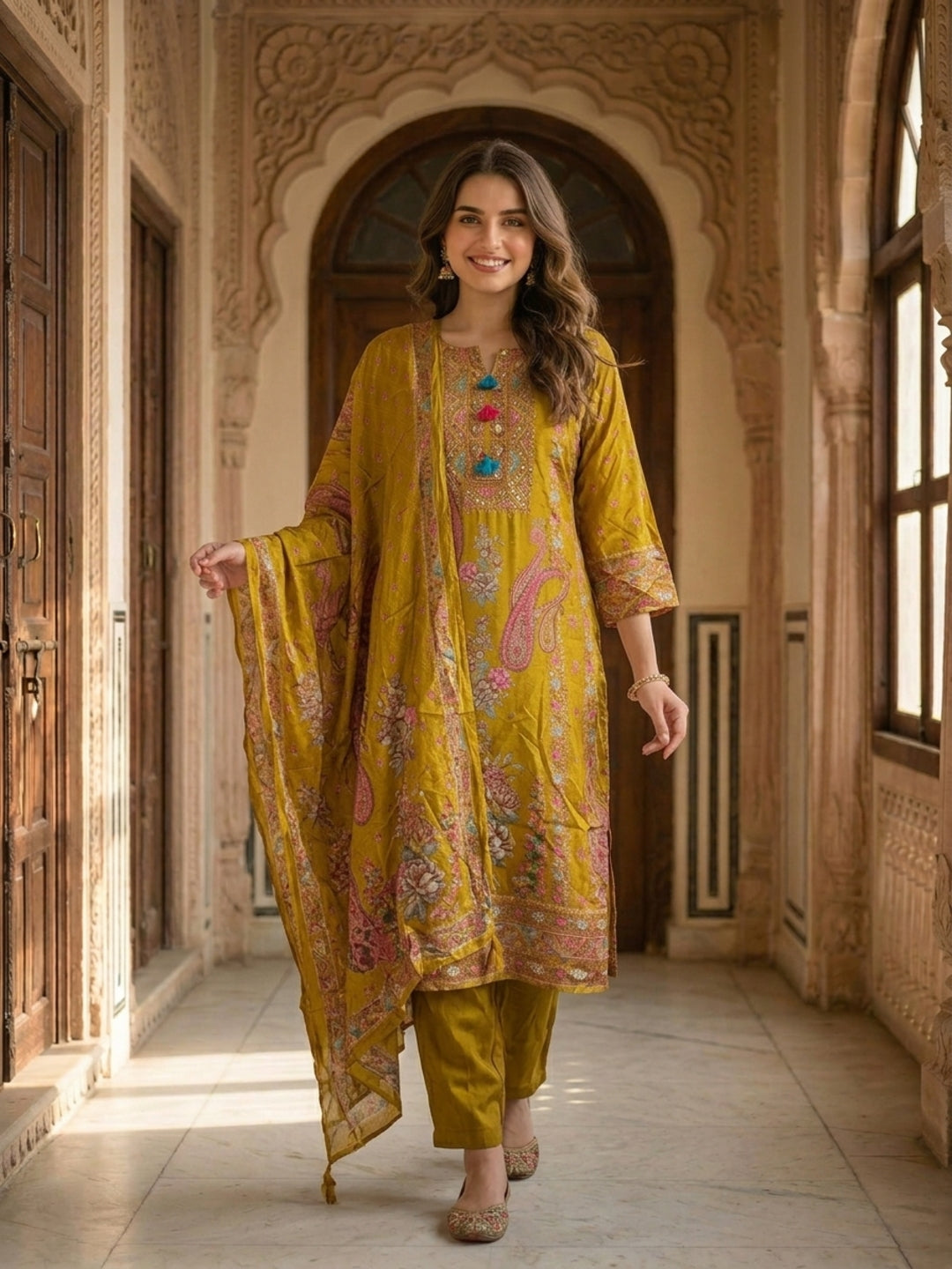 Ethnic Printed & Embroidered Straight Kurta with Pant & Dupatta - Mustard Yellow