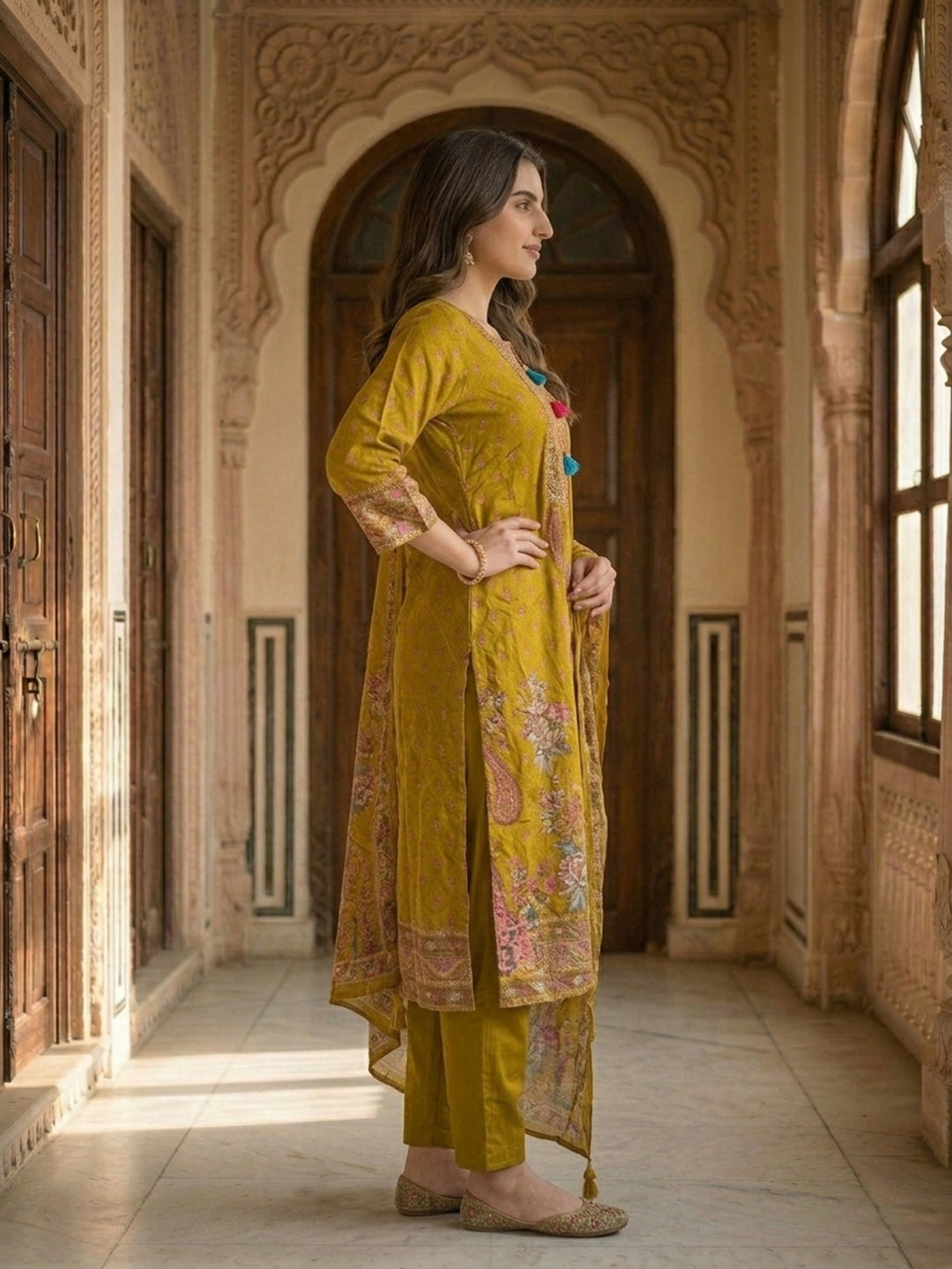 Ethnic Printed & Embroidered Straight Kurta with Pant & Dupatta - Mustard Yellow