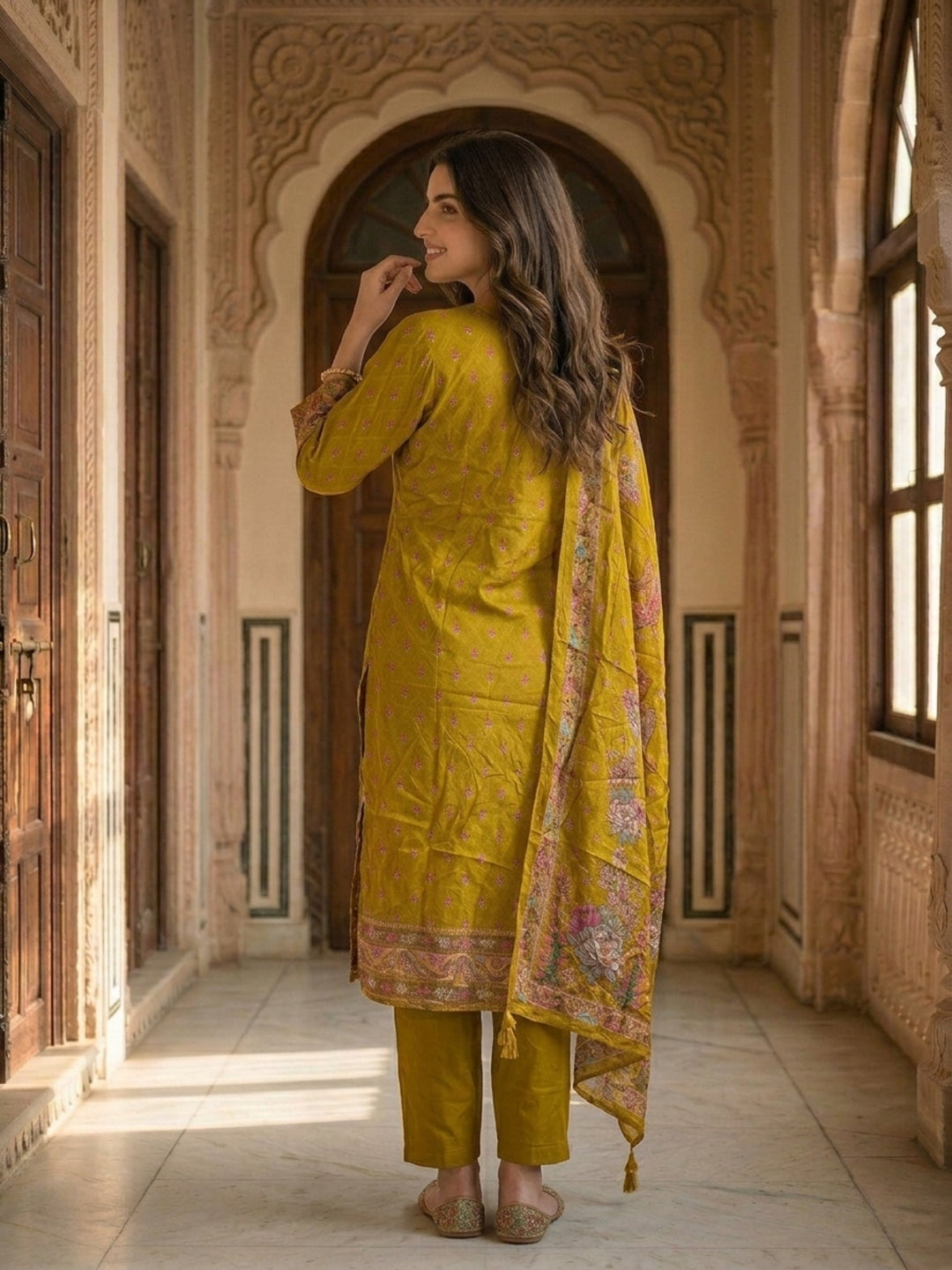 Ethnic Printed & Embroidered Straight Kurta with Pant & Dupatta - Mustard Yellow