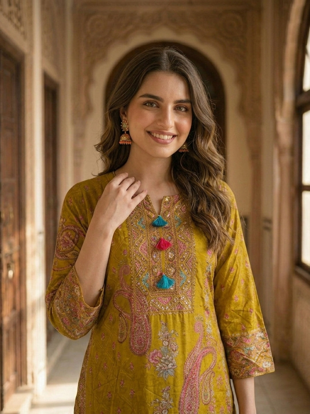 Ethnic Printed & Embroidered Straight Kurta with Pant & Dupatta - Mustard Yellow