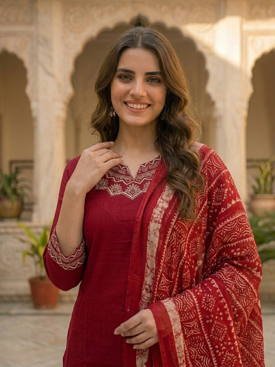 Solid Mirror Work Embroidered Straight Kurta with Palazzo & Dupatta - Maroon