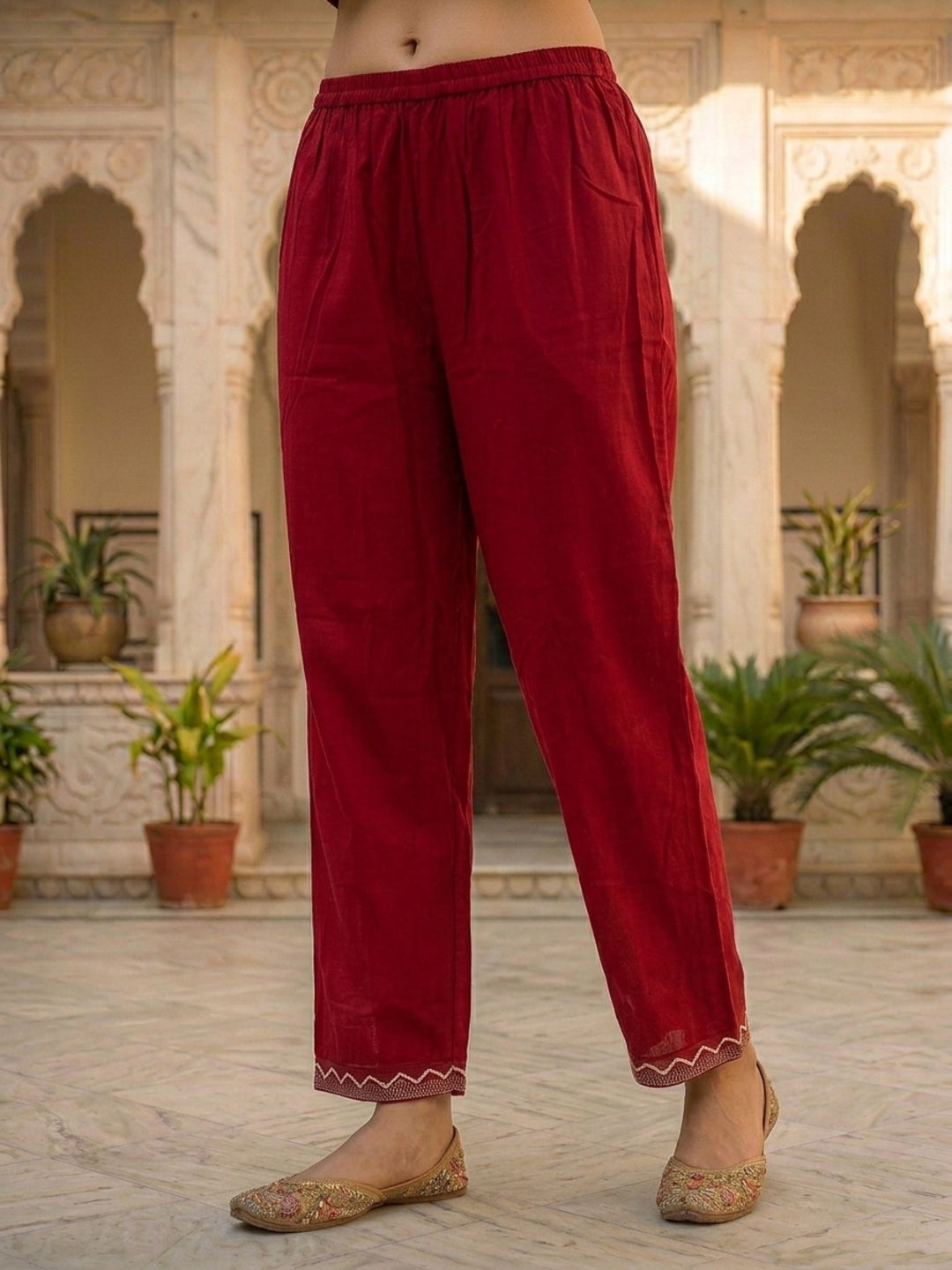 Solid Mirror Work Embroidered Straight Kurta with Palazzo & Dupatta - Maroon