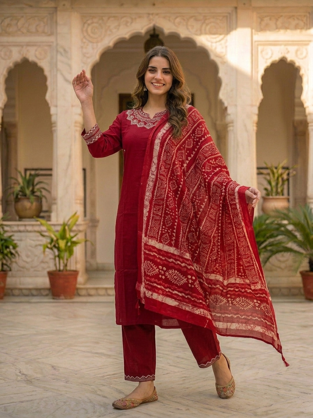 Solid Mirror Work Embroidered Straight Kurta with Palazzo & Dupatta - Maroon