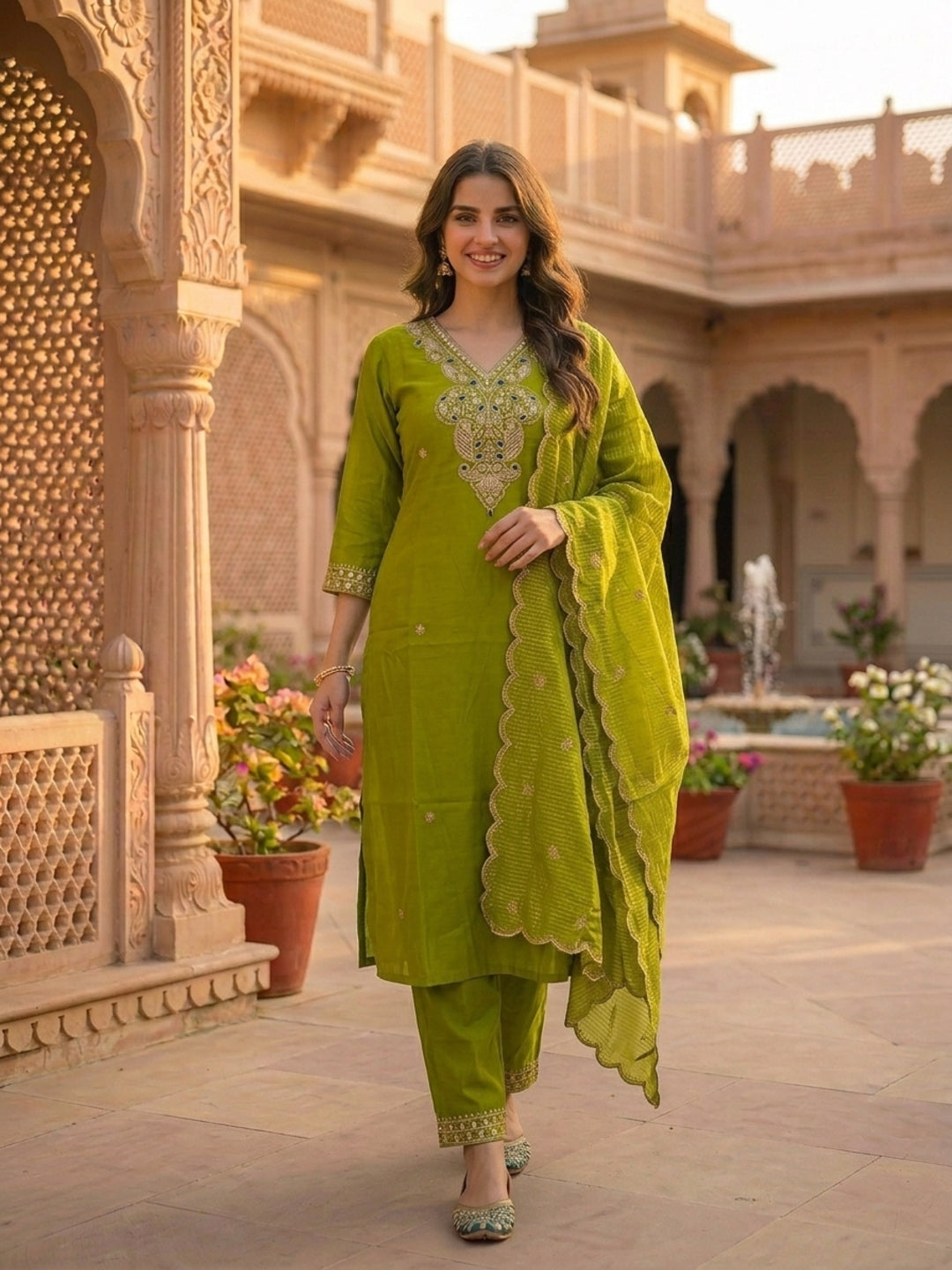 Solid Sequin Embroidered Straight Kurta with Pant & Dupatta - Green