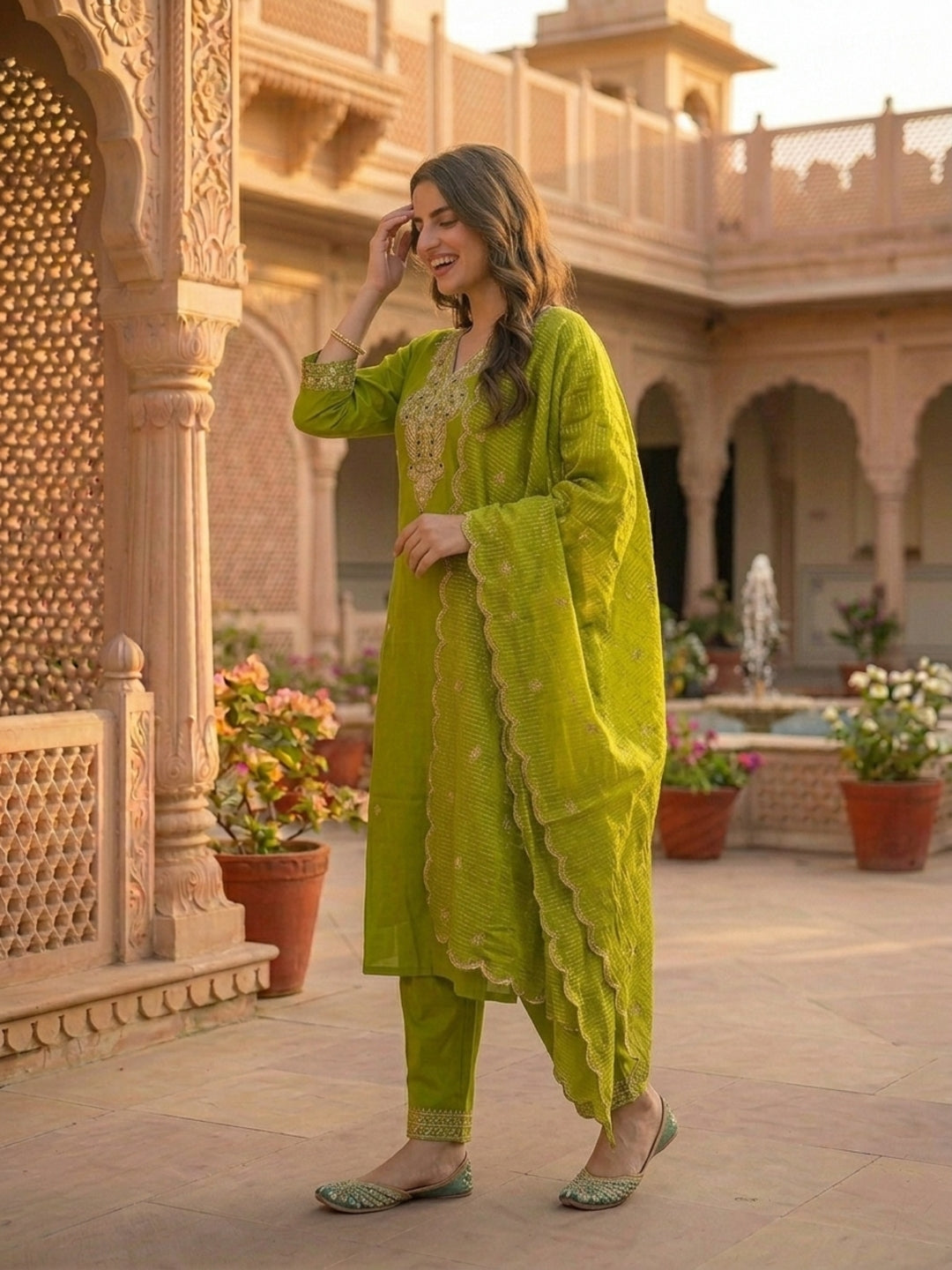 Solid Sequin Embroidered Straight Kurta with Pant & Dupatta - Green