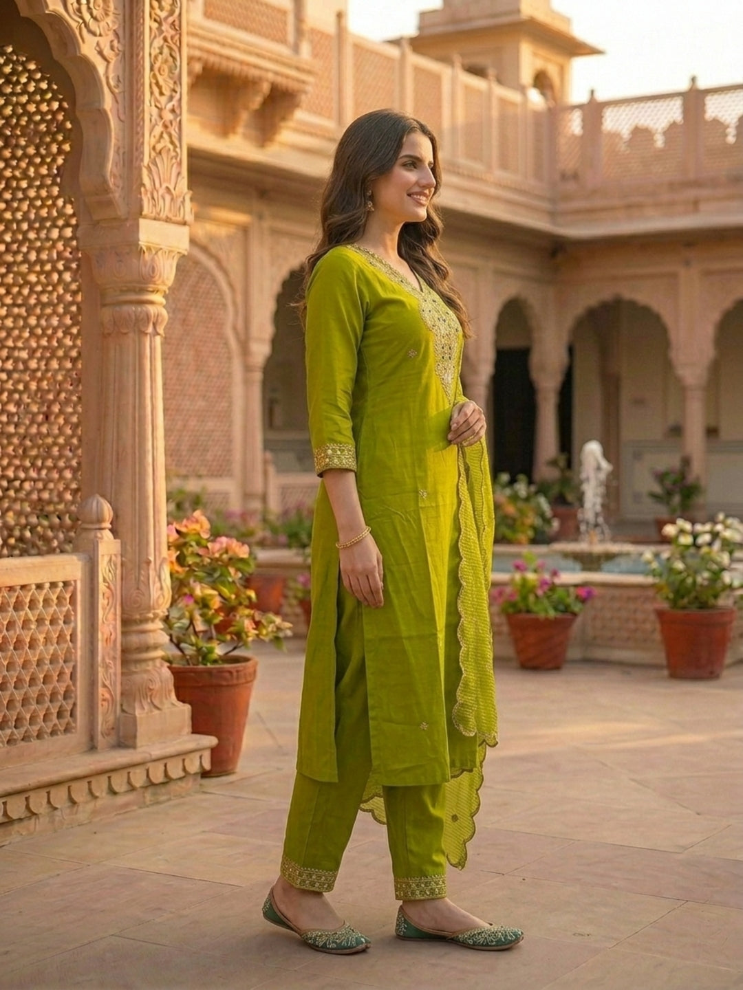 Solid Sequin Embroidered Straight Kurta with Pant & Dupatta - Green