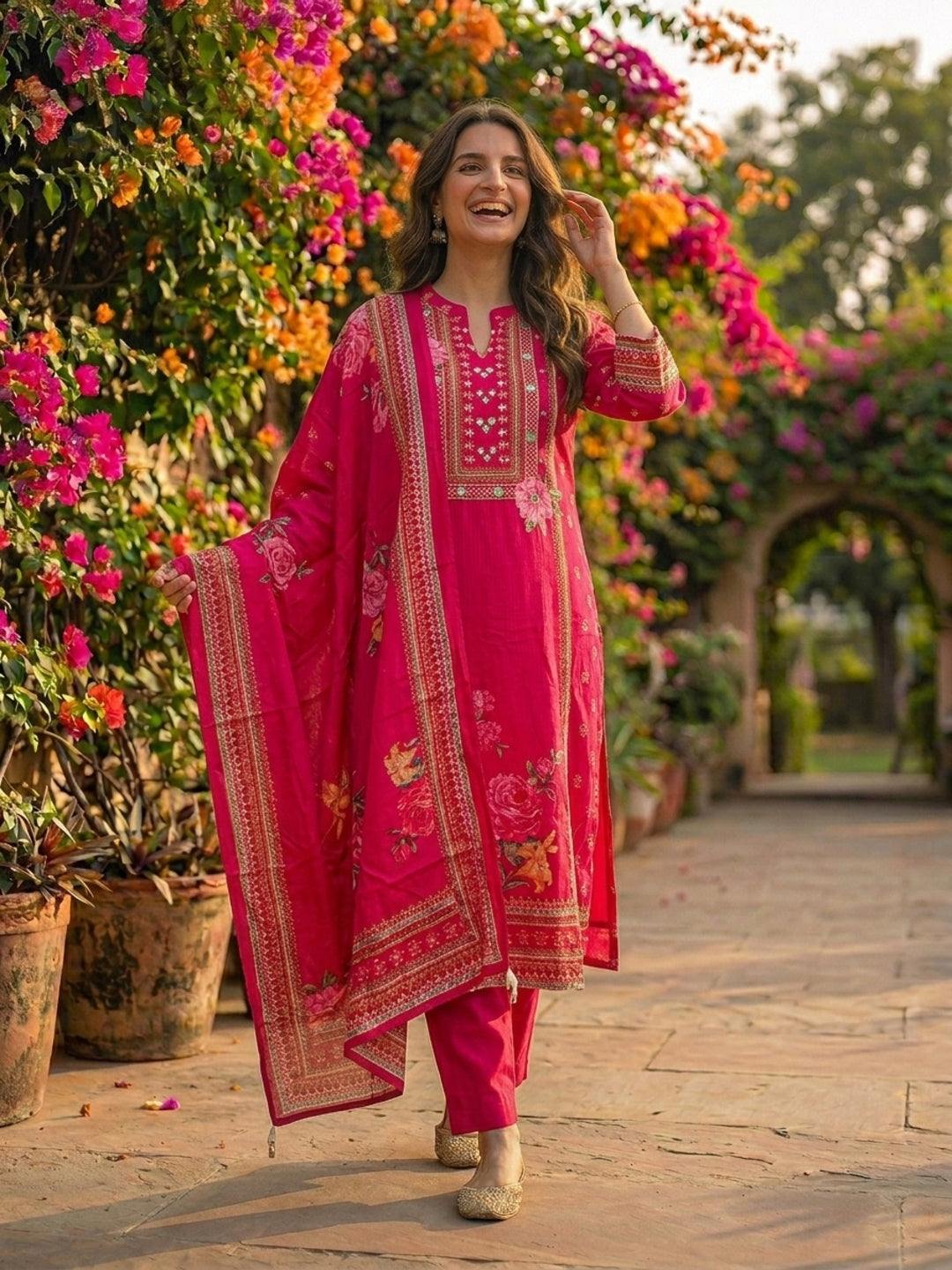 Floral & Ethnic Printed Straight Kurta with Pant & Dupatta - Pink