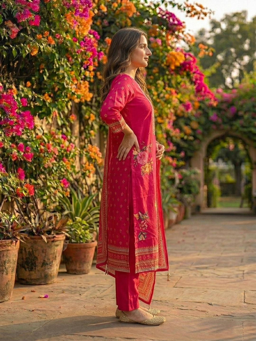 Floral & Ethnic Printed Straight Kurta with Pant & Dupatta - Pink