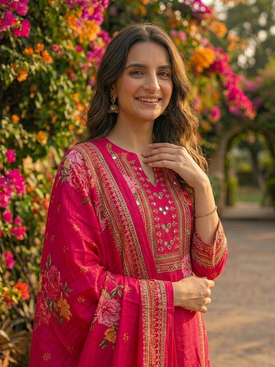 Floral & Ethnic Printed Straight Kurta with Pant & Dupatta - Pink