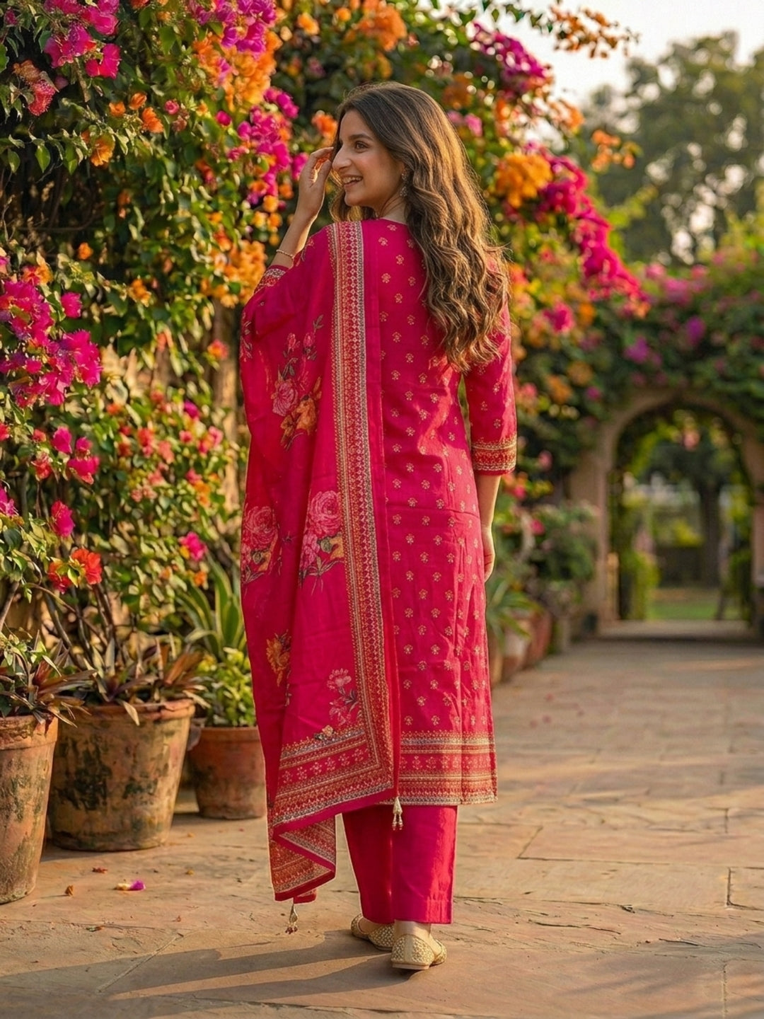 Floral & Ethnic Printed Straight Kurta with Pant & Dupatta - Pink
