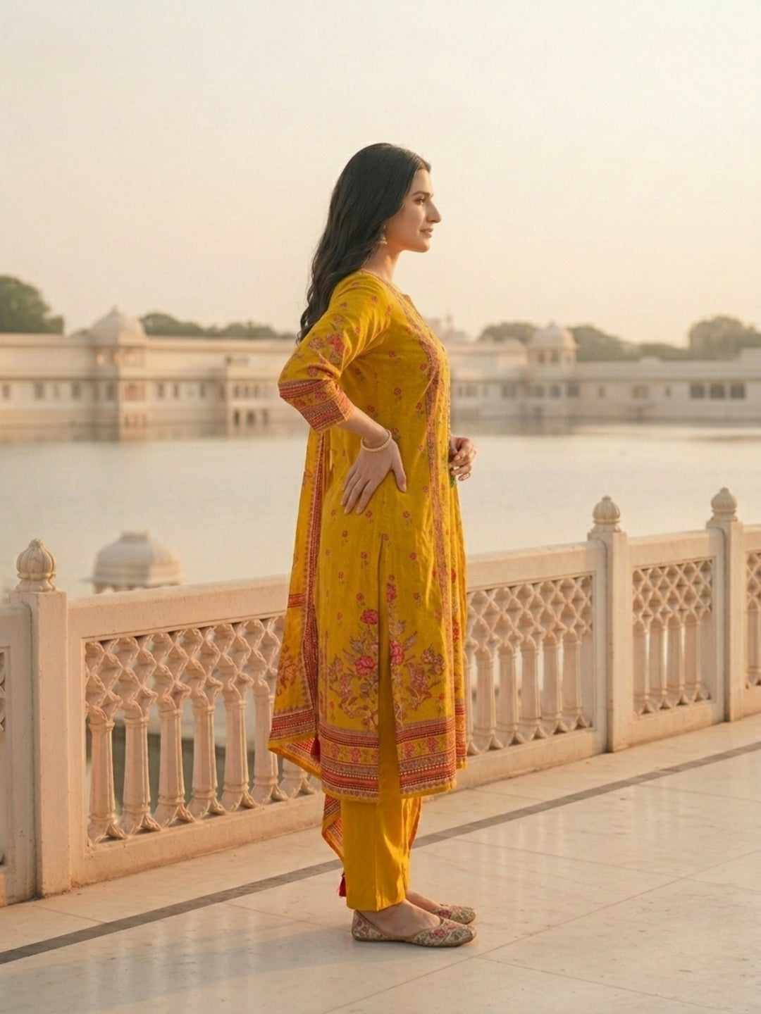 Ethnic Printed & Embroidered Straight Kurta with Pant & Dupatta - Mustard