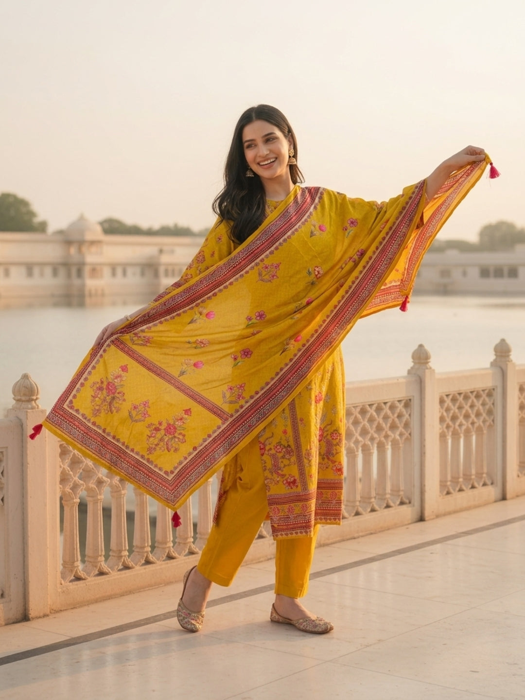 Ethnic Printed & Embroidered Straight Kurta with Pant & Dupatta - Mustard