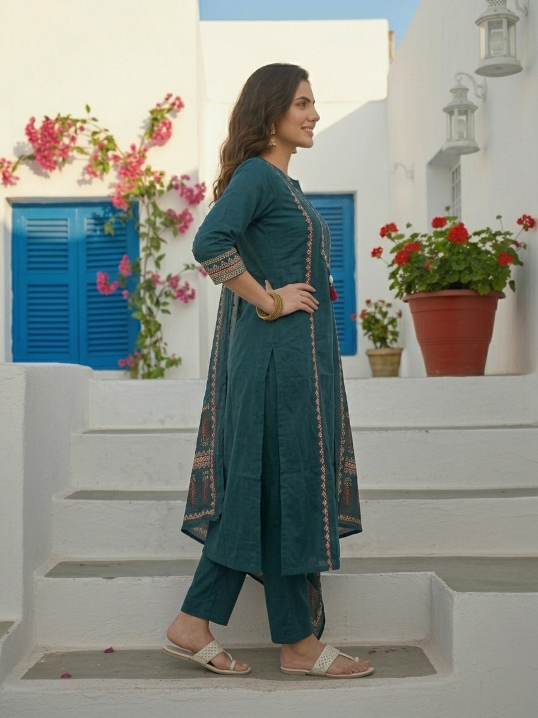 Ethnic Printed Straight Kurta with Pant & Dupatta - Teal