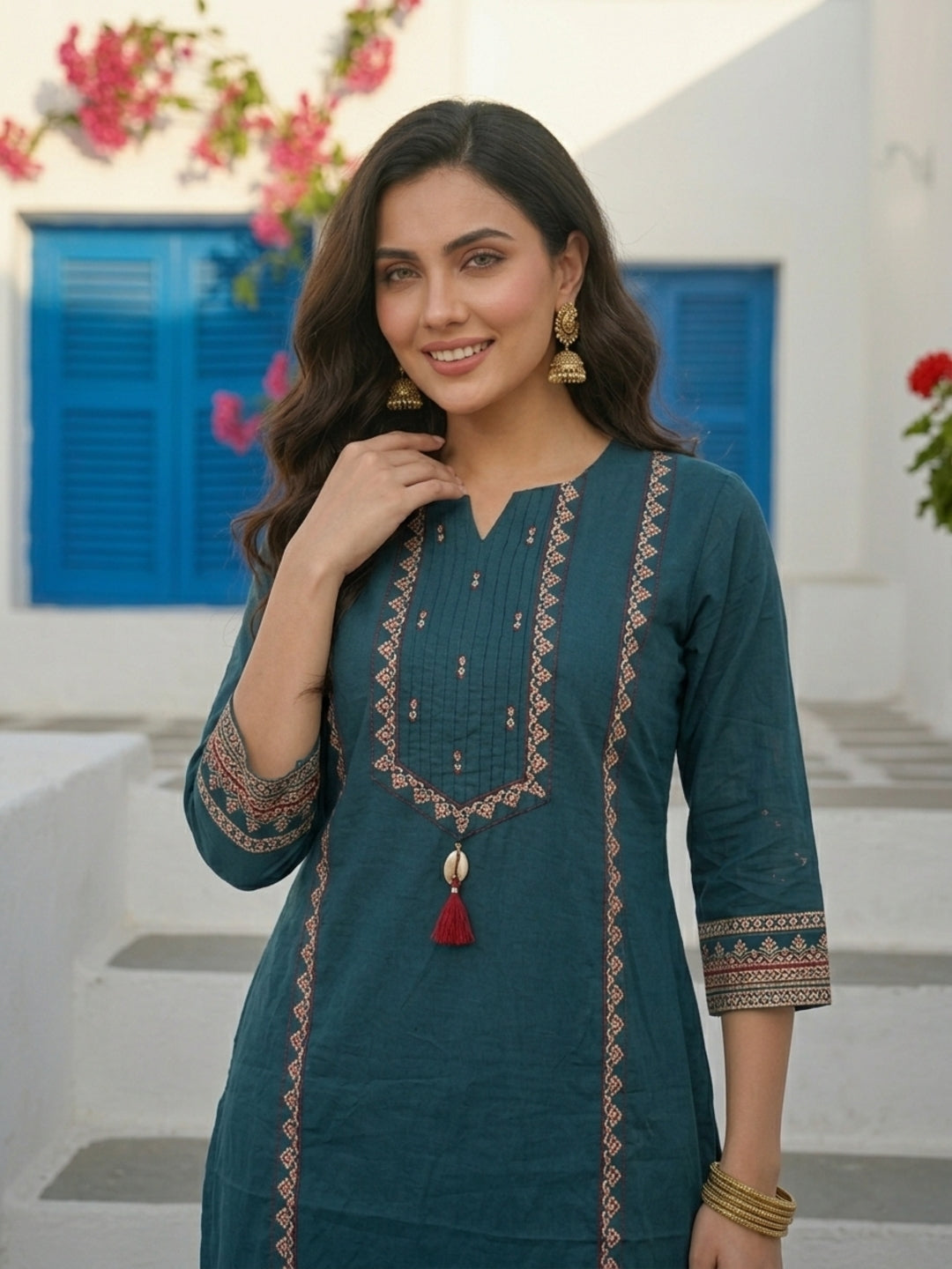 Ethnic Printed Straight Kurta with Pant & Dupatta - Teal