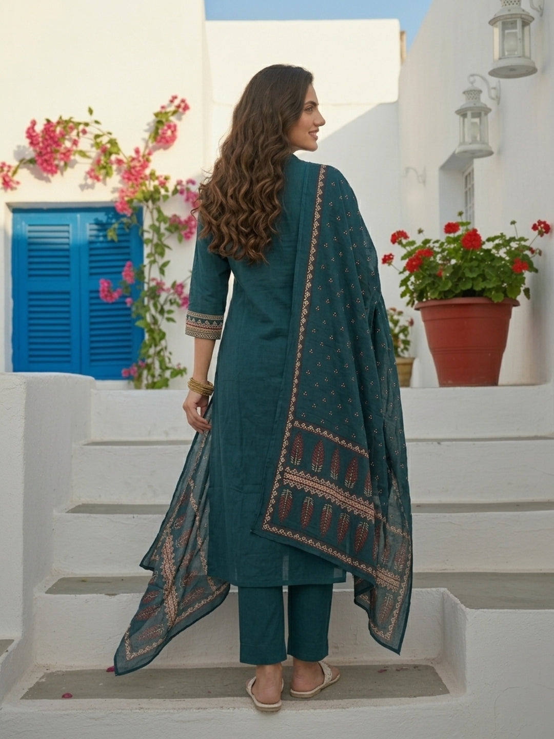 Ethnic Printed Straight Kurta with Pant & Dupatta - Teal