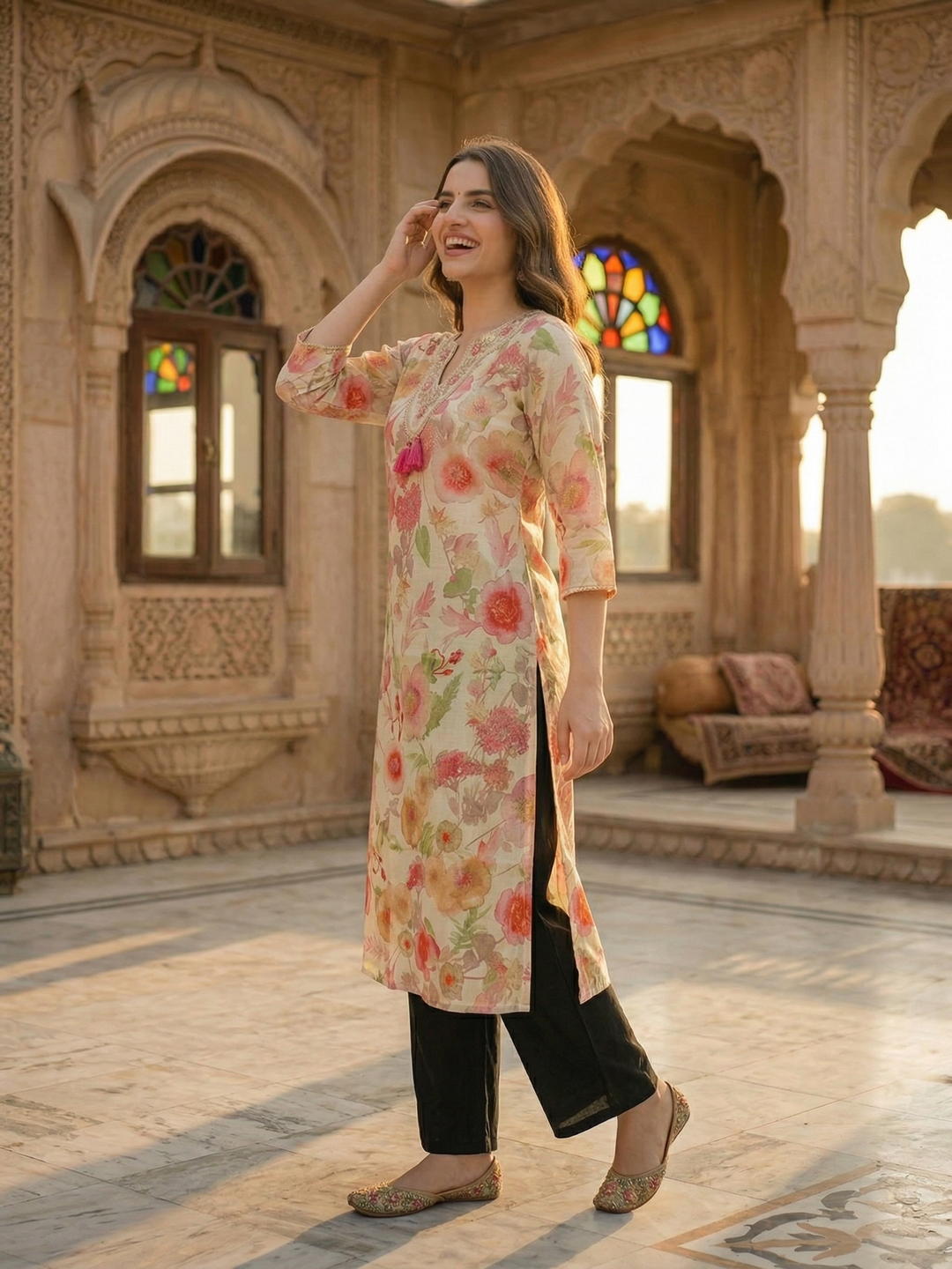 Floral Foil Printed & Embroidered Straight Kurta - Off White