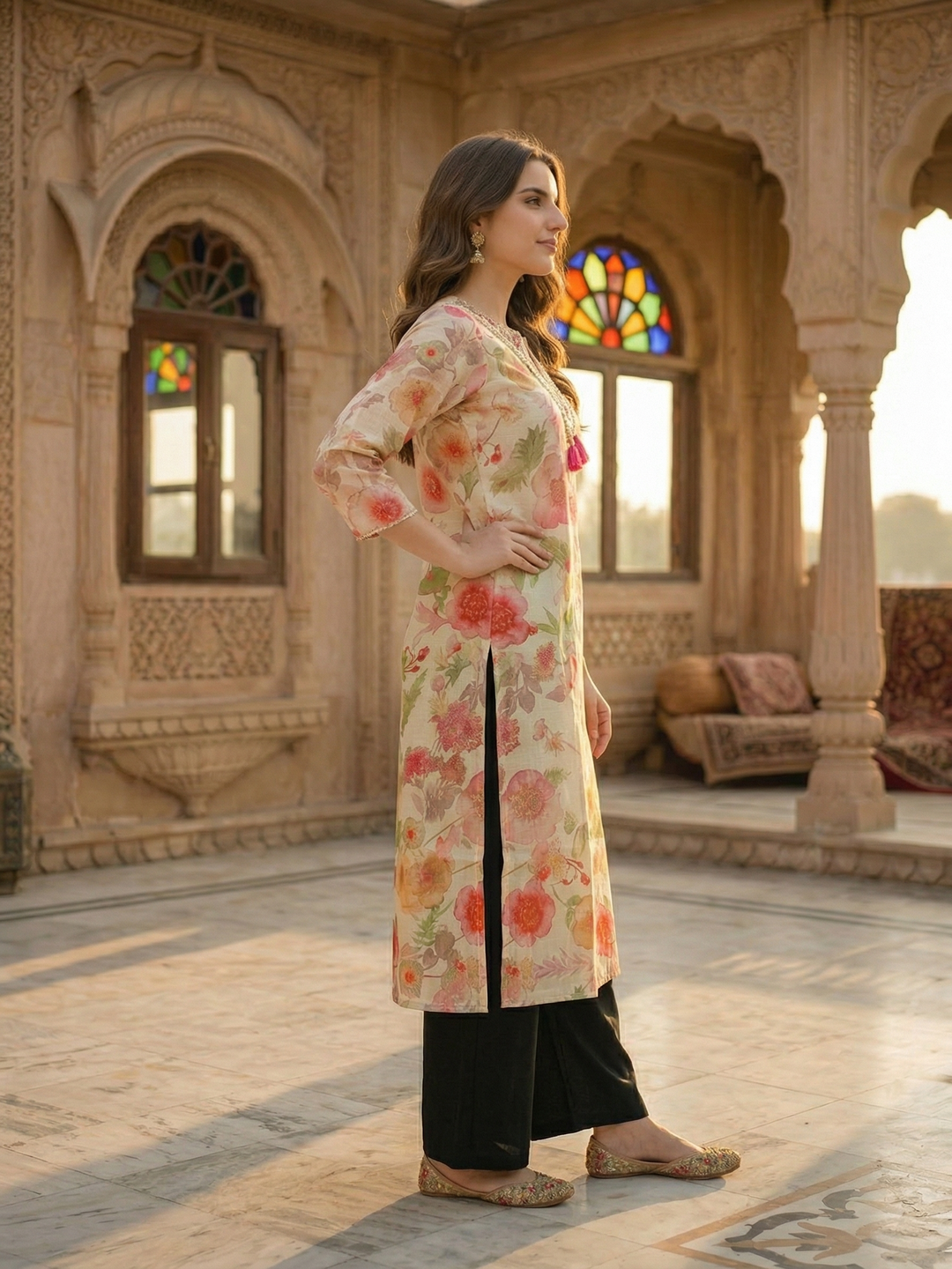 Floral Foil Printed & Embroidered Straight Kurta - Off White