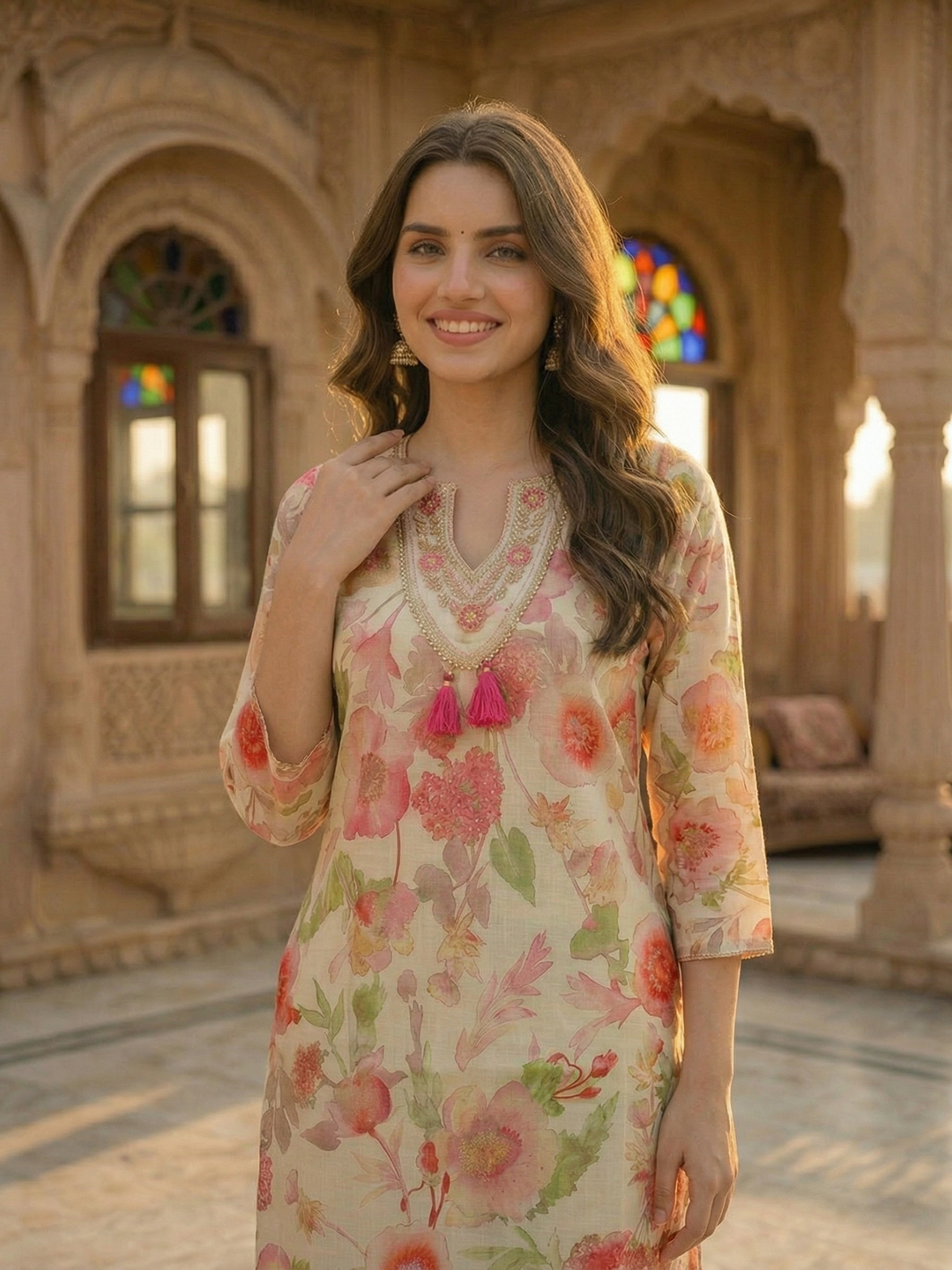 Floral Foil Printed & Embroidered Straight Kurta - Off White