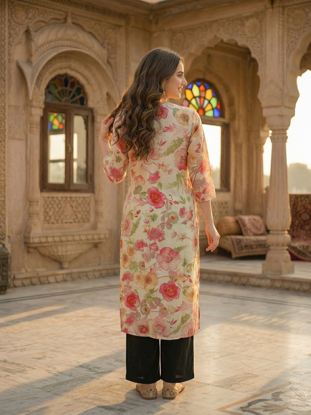 Floral Foil Printed & Embroidered Straight Kurta - Off White