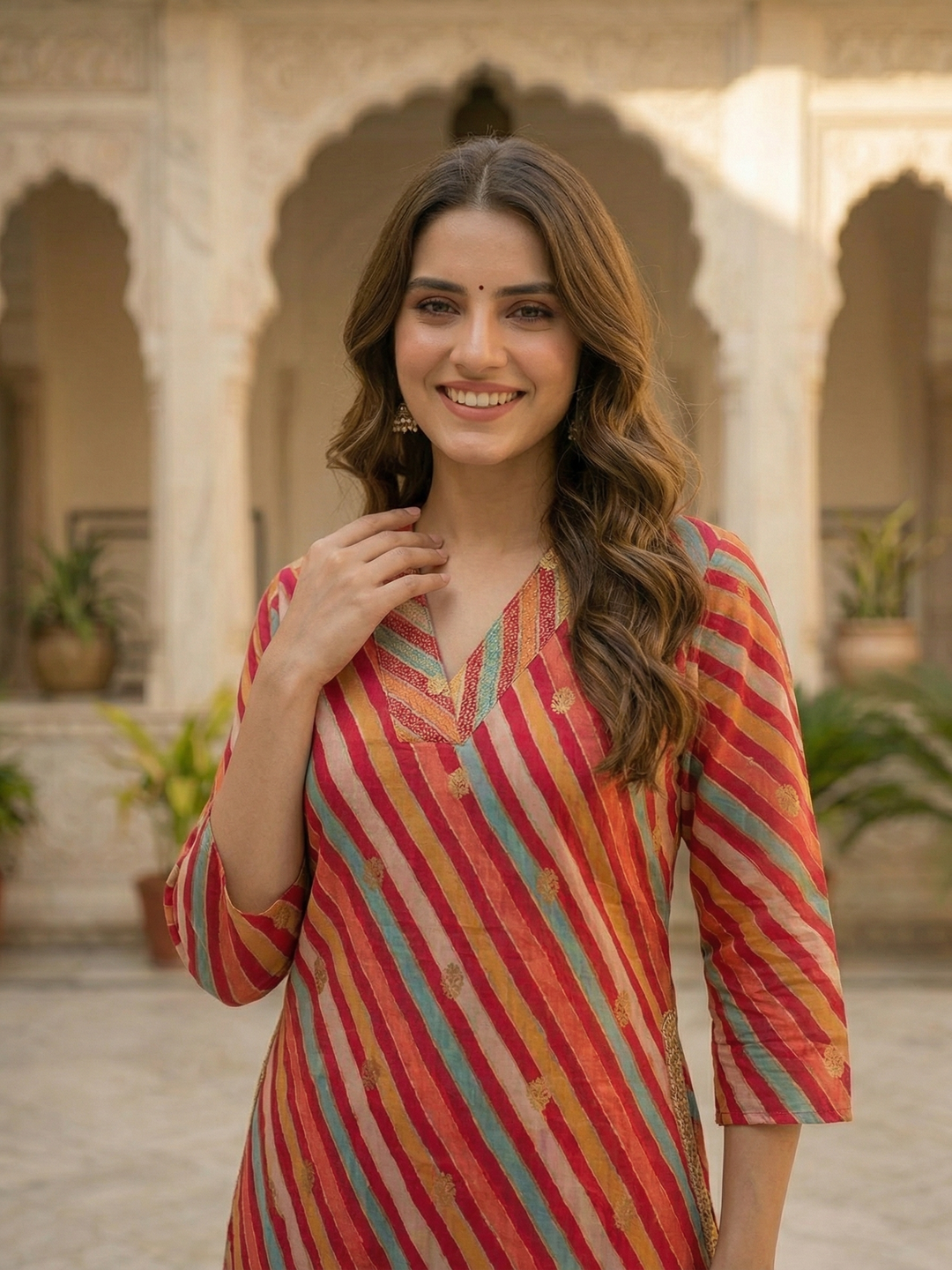 Leheriya Printed A-Line Flared Kurta with Pant - Multi