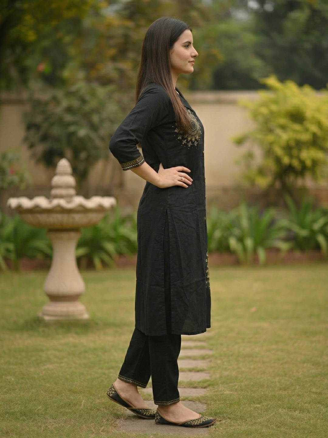 Solid Ethnic Mirror Embroidered Straight Co-ord Set - Black