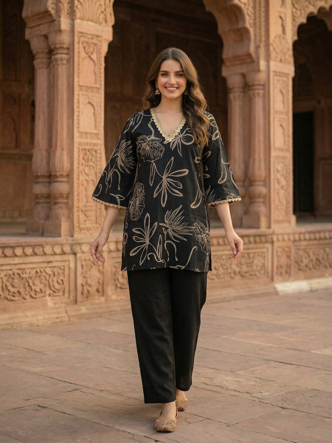 Abstract Floral Foil Printed Straight Kurta with Palazzo - Black