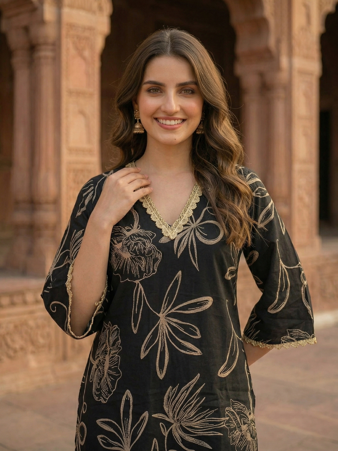 Abstract Floral Foil Printed Straight Kurta with Palazzo - Black