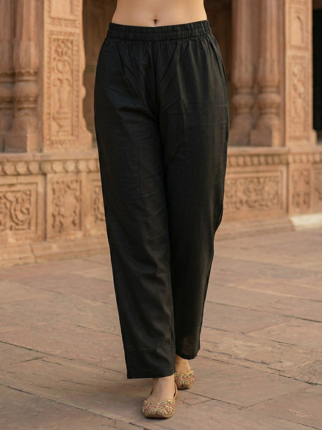 Abstract Floral Foil Printed Straight Kurta with Palazzo - Black