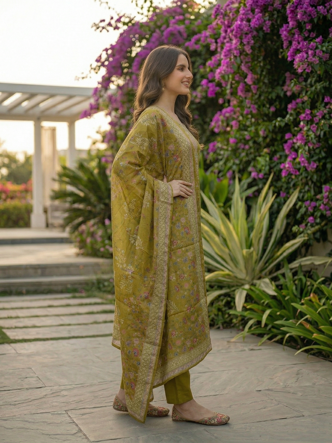 Ethnic Printed Straight Kurta with Pant & Dupatta - Green