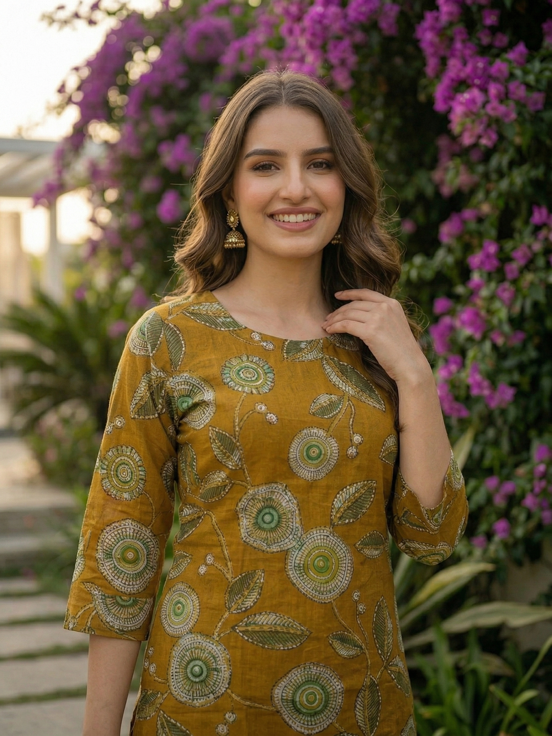 Abstract Floral Printed Straight Kurta - Mustard