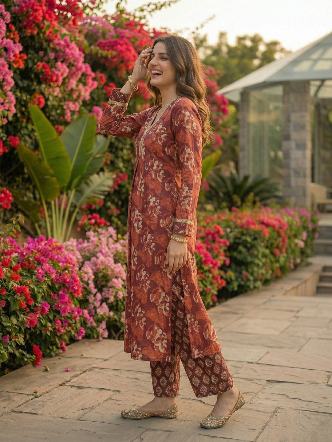 Ethnic Printed Straight Kurta with Trouser - Rust Brown