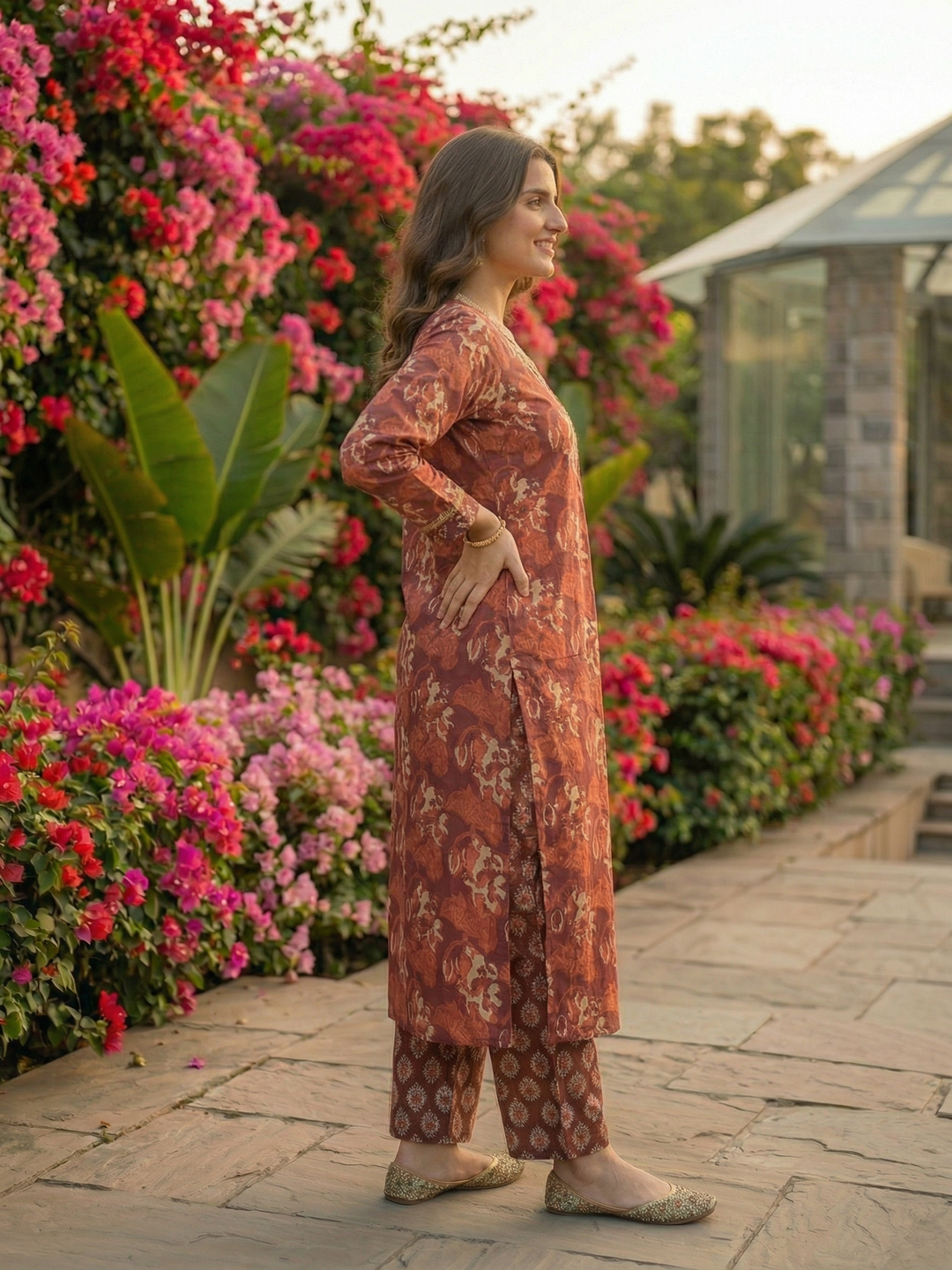 Ethnic Printed Straight Kurta with Trouser - Rust Brown