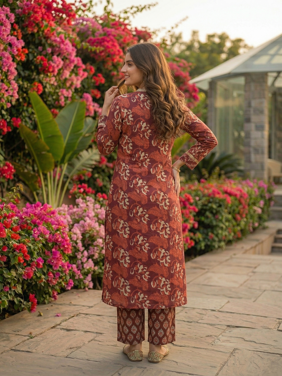 Ethnic Printed Straight Kurta with Trouser - Rust Brown